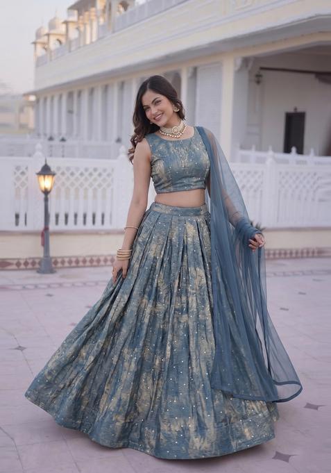 Pastel Blue Embroidered Crepe Lehenga Set