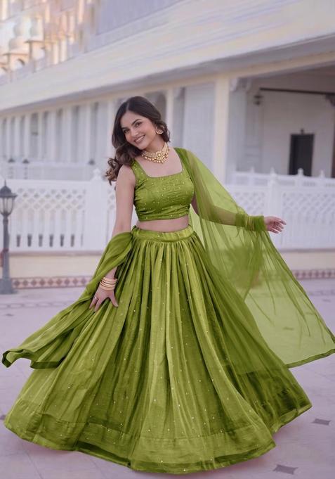 Olive Green Embroidered Crepe Lehenga Set