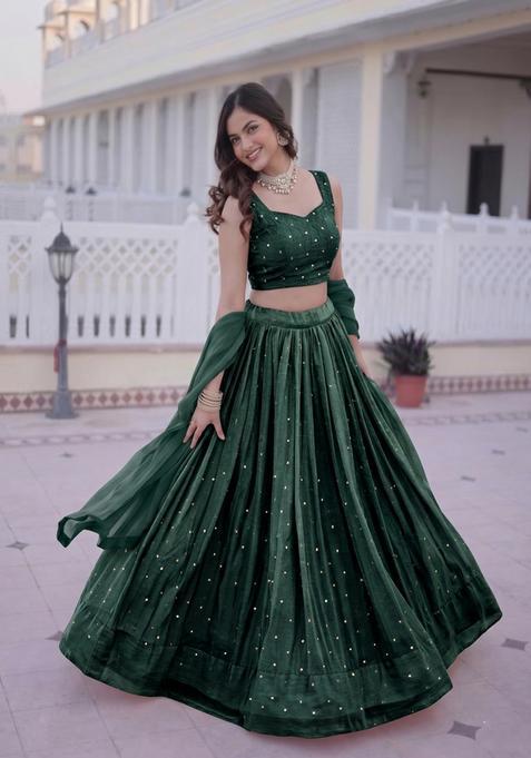 Bottle Green Embroidered Crepe Lehenga Set