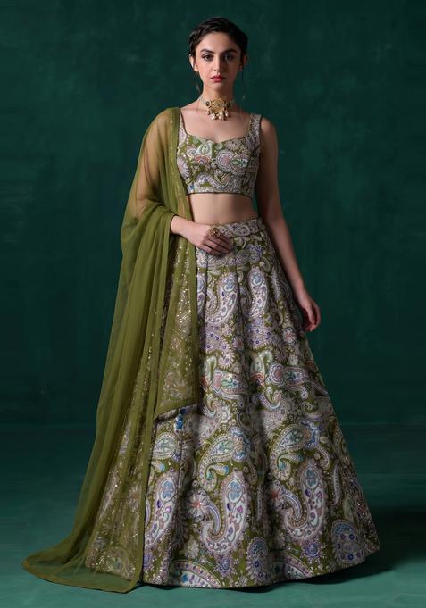 Olive Green Printed Crepe Lehenga Set