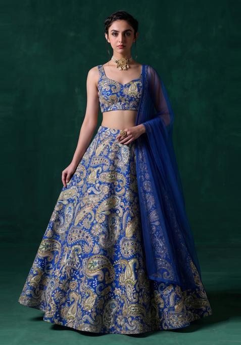 Royal Blue Printed Crepe Lehenga Set