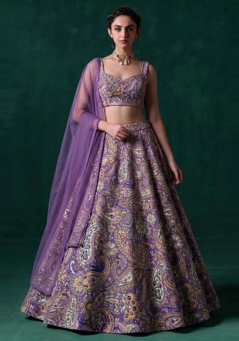 Purple Printed Crepe Lehenga Set