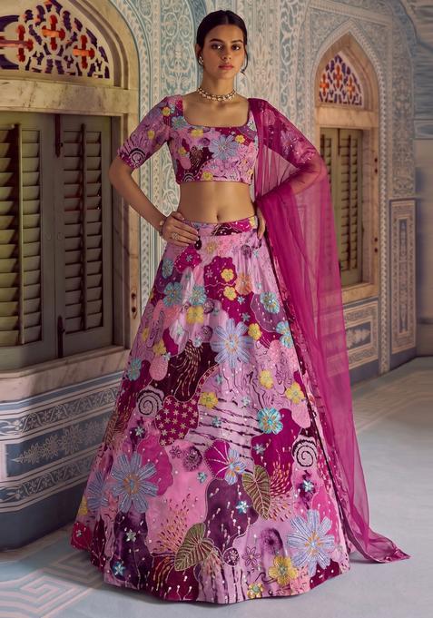Pink Printed Crepe Lehenga Set