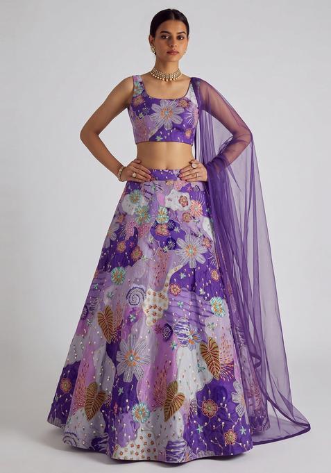 Purple Printed Crepe Lehenga Set
