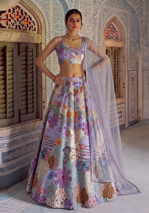 Powder Blue Printed Crepe Lehenga Set
