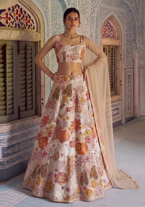Beige Printed Crepe Lehenga Set