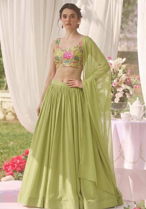 Lime Green Printed Lehenga Set