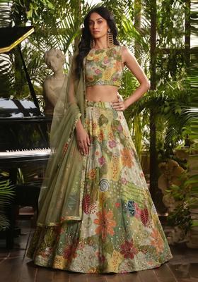 Olive Green Printed Crepe Lehenga Set