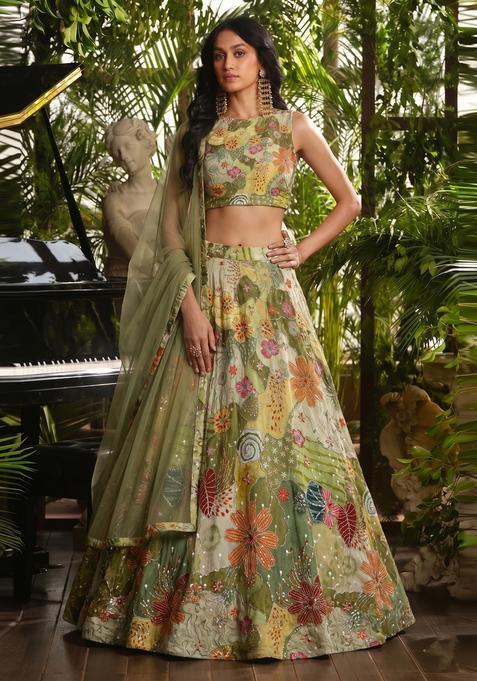 Olive Green Printed Crepe Lehenga Set