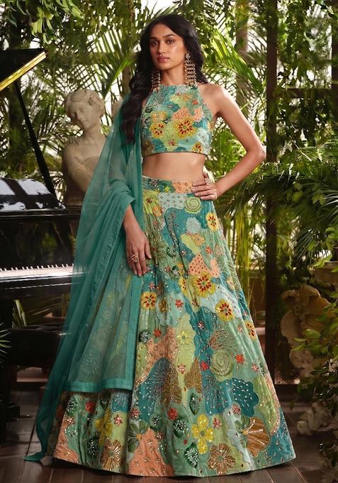Sea Green Printed Crepe Lehenga Set