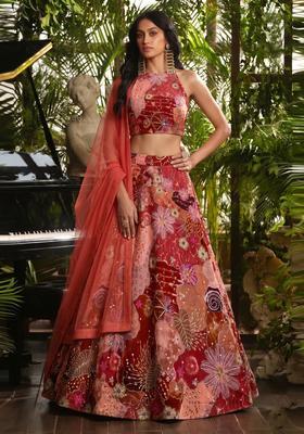 Red Printed Crepe Lehenga Set