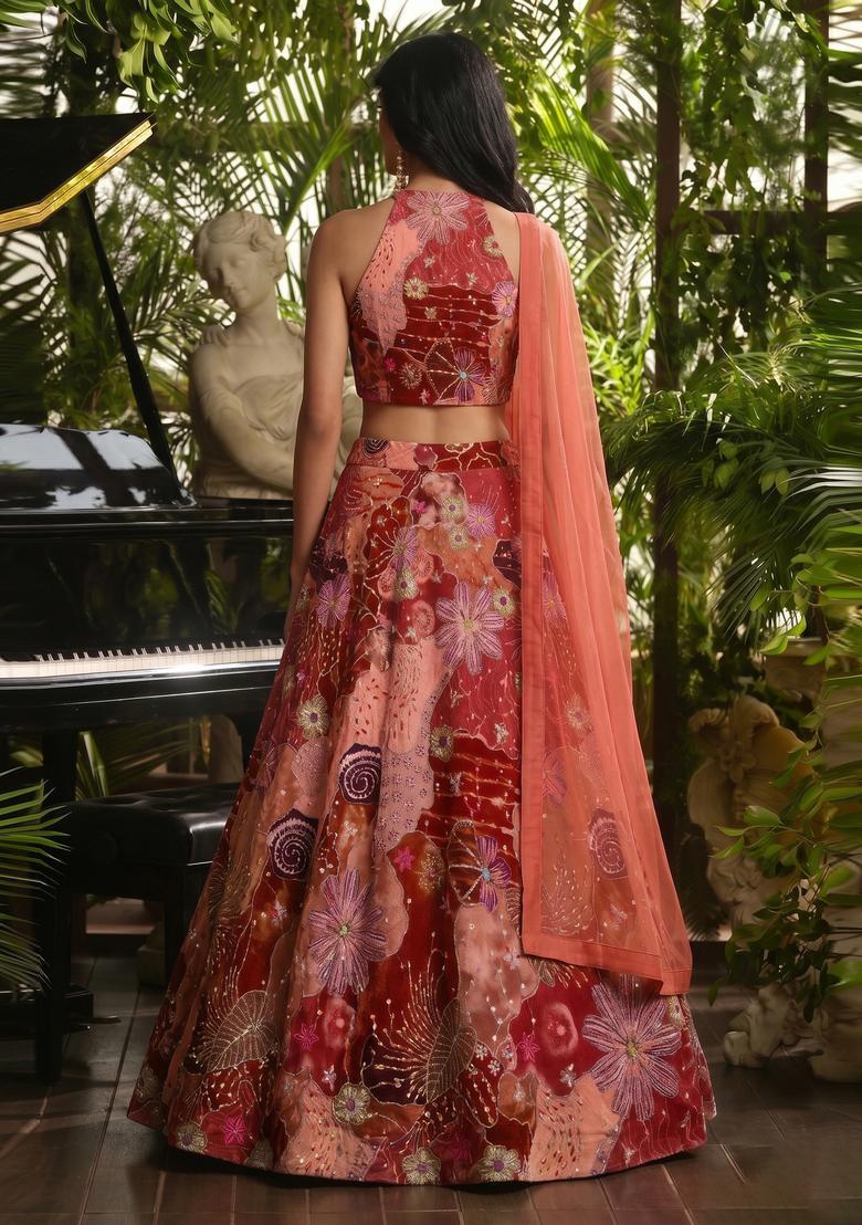 Red Printed Crepe Lehenga Set - Indya