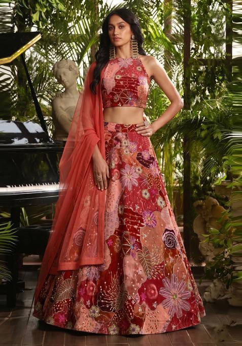 Red Printed Crepe Lehenga Set