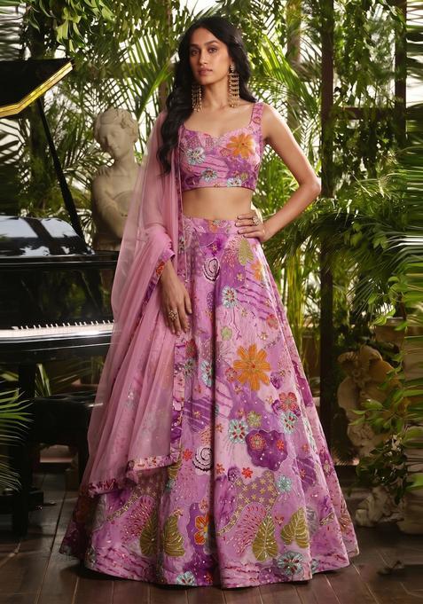 Pastel Pink Printed Crepe Lehenga Set