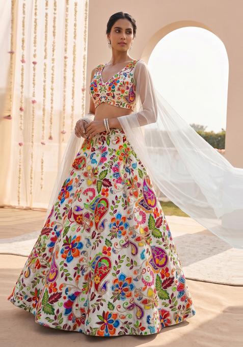 White Printed Crepe Lehenga Set