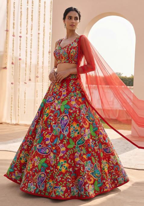 Red Printed Crepe Lehenga Set