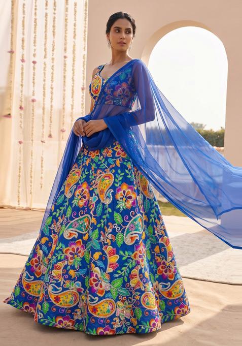 Royal Blue Printed Crepe Lehenga Set