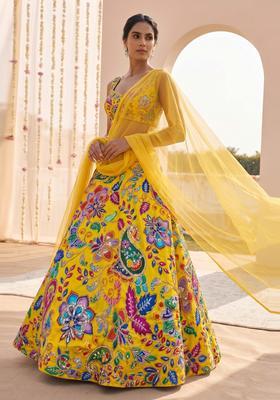 Bright Yellow Printed Crepe Lehenga Set