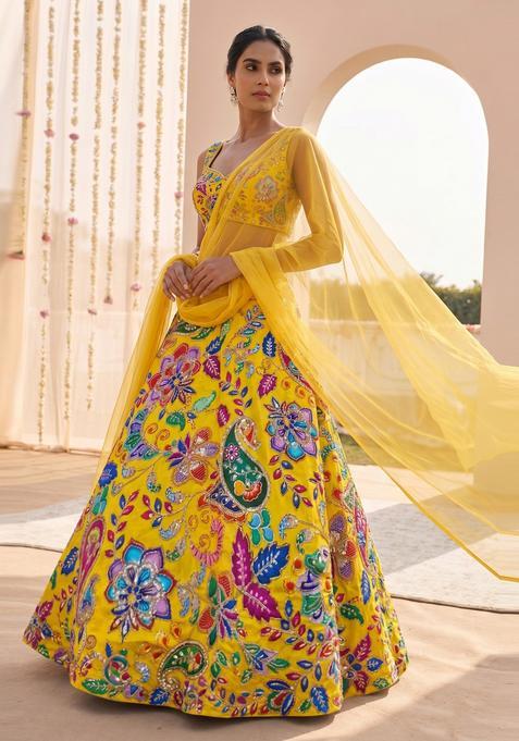 Bright Yellow Printed Crepe Lehenga Set