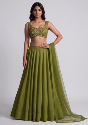 Olive Green Embroidered Crepe Lehenga Set