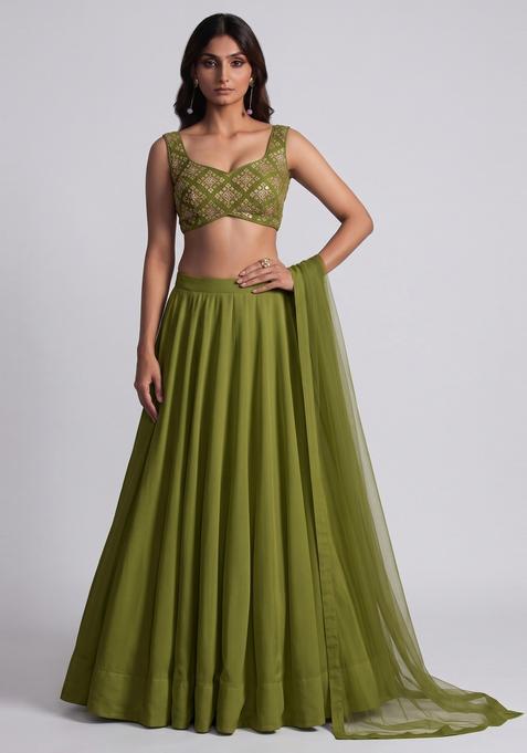 Olive Green Embroidered Crepe Lehenga Set
