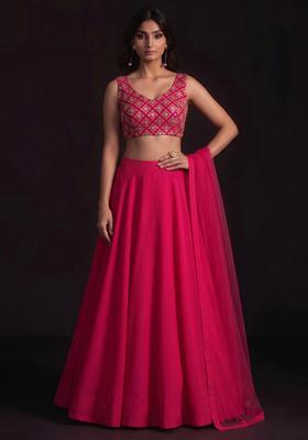 Pink Embroidered Crepe Lehenga Set