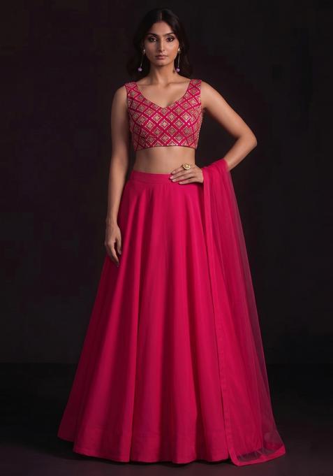 Pink Embroidered Crepe Lehenga Set