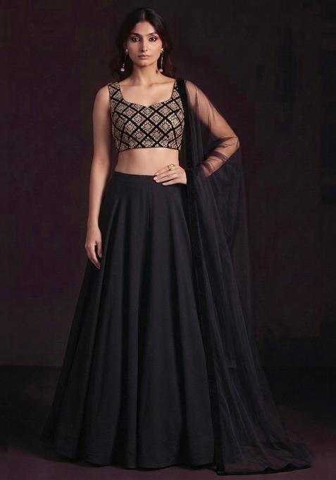 Black Embroidered Crepe Lehenga Set
