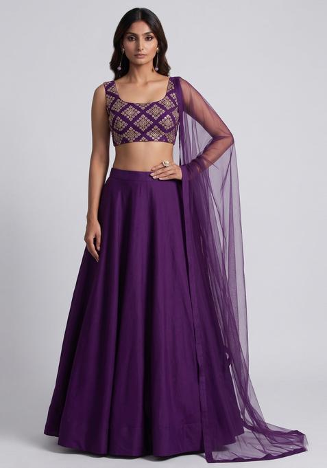 Purple Embroidered Crepe Lehenga Set