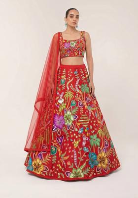 Bright Red Printed Crepe Lehenga Set