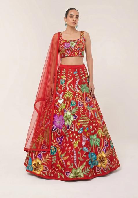 Bright Red Printed Crepe Lehenga Set