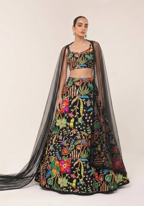 Black Printed Crepe Lehenga Set