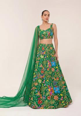 Emerald Green Printed Crepe Lehenga Set