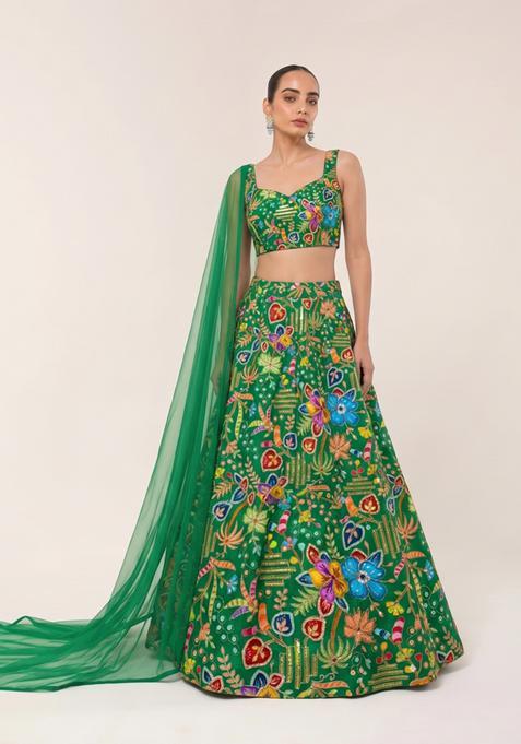 Emerald Green Printed Crepe Lehenga Set
