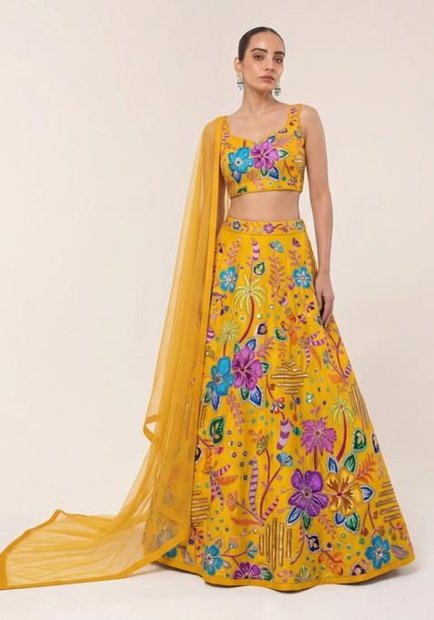 Mustard Yellow Printed Crepe Lehenga Set