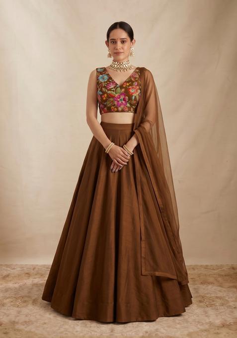Coffee Brown Printed Crepe Lehenga Set