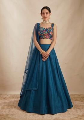 Teal Blue Printed Crepe Lehenga Set