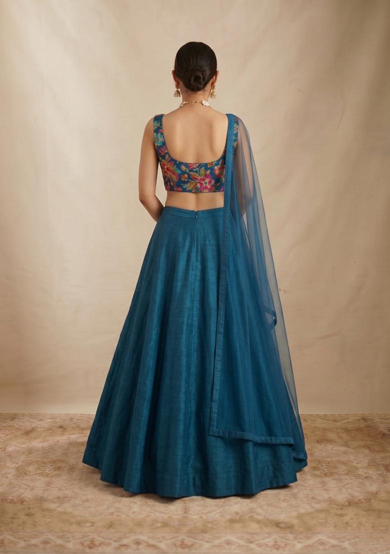 Teal Blue Printed Crepe Lehenga Set - Indya