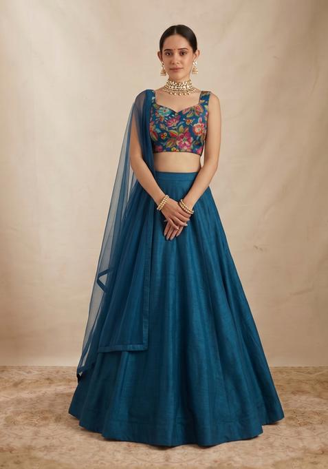 Teal Blue Printed Crepe Lehenga Set