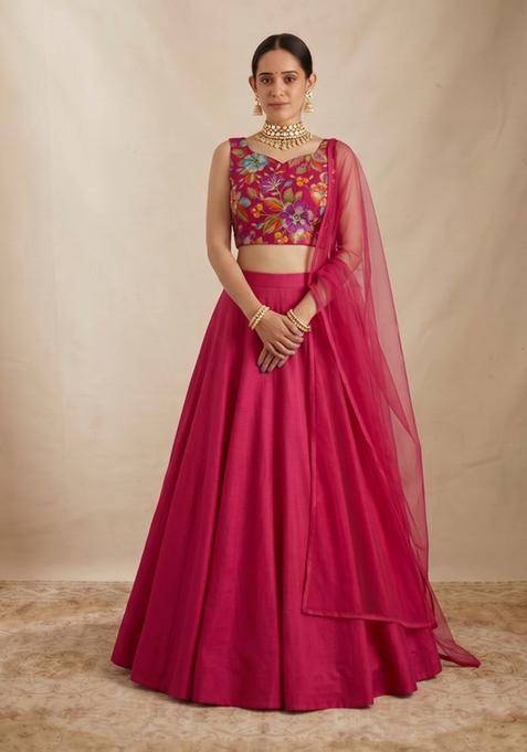 Magenta Printed Crepe Lehenga Set