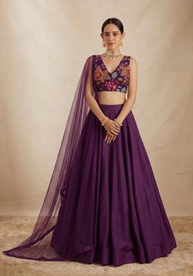 Deep Purple Printed Crepe Lehenga Set