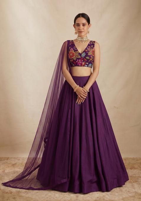 Deep Purple Printed Crepe Lehenga Set