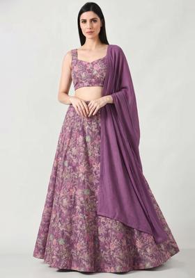 Mauve Printed Crepe Lehenga Set