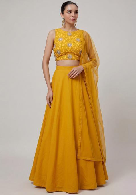 Mustard Yellow Printed Crepe Lehenga Set