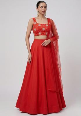 Bright Red Printed Crepe Lehenga Set