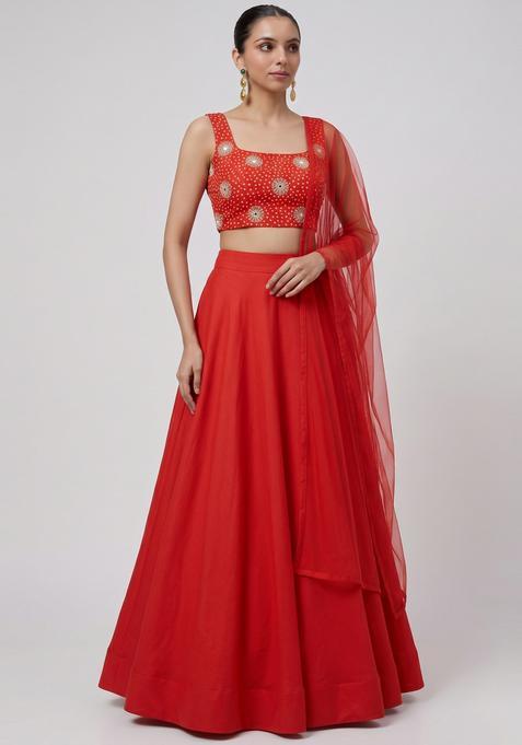 Bright Red Printed Crepe Lehenga Set