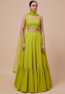 Lime Green Printed Crepe Lehenga Set