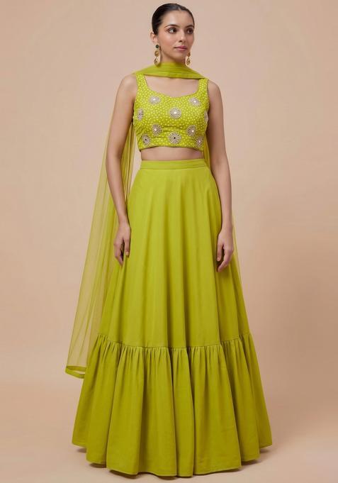 Lime Green Printed Crepe Lehenga Set