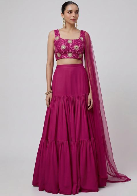 Magenta Printed Crepe Lehenga Set