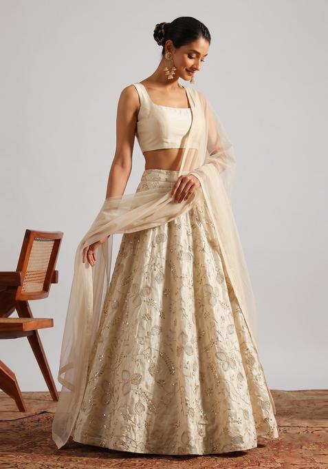 Off White Embroidered Tissue Lehenga Set